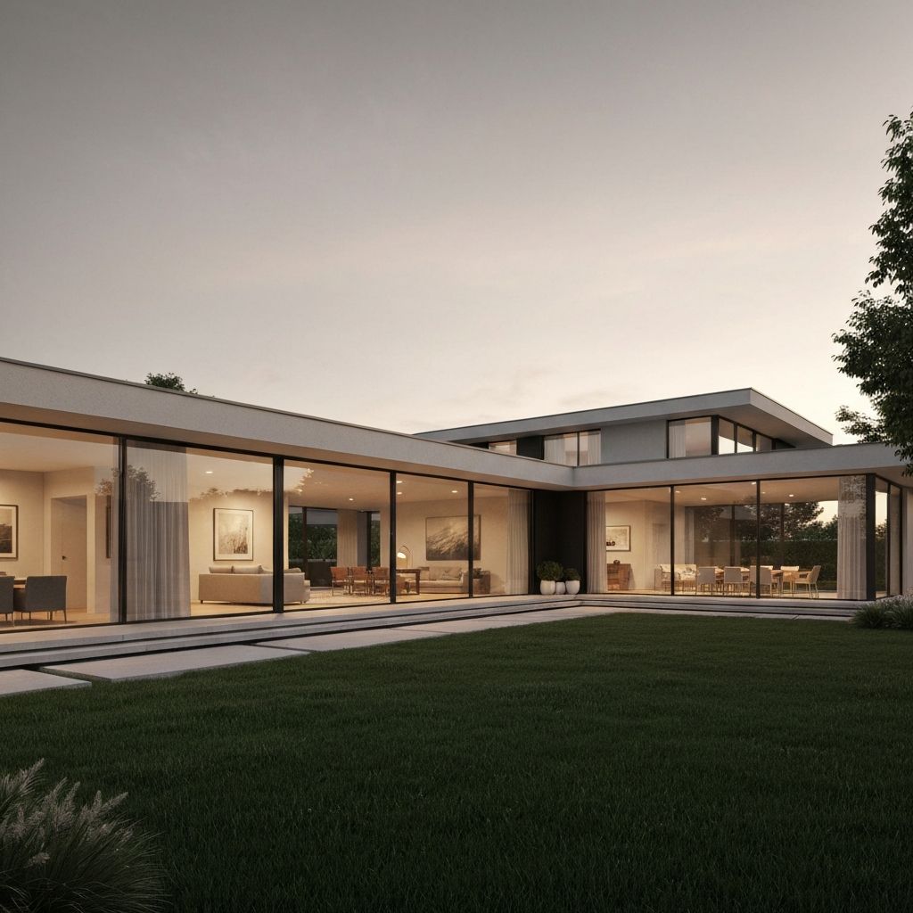 Modern coastal vacation rental at dusk